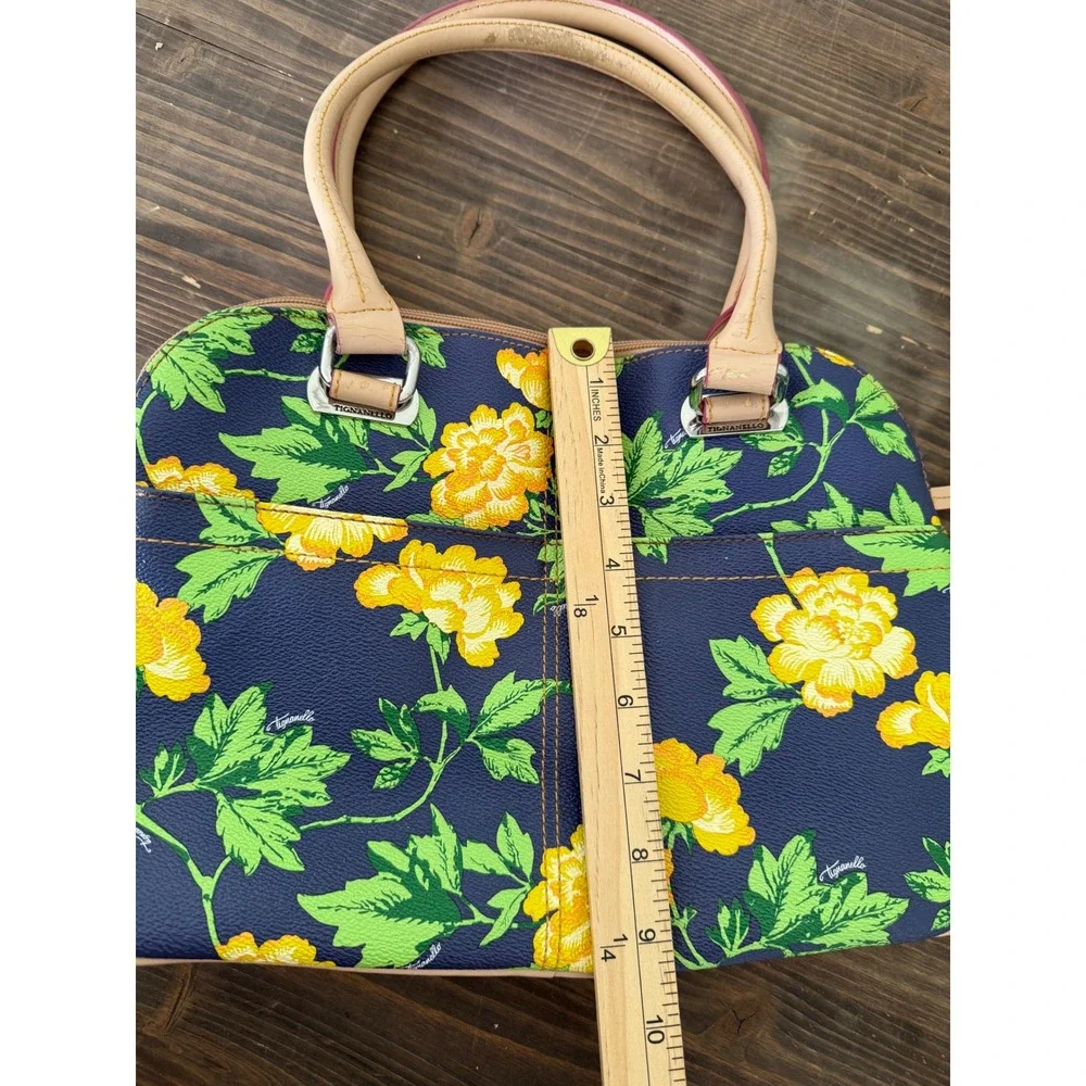 Tignanello Bed of Roses Floral Satchel Handbag Purse Navy Yellow Flower Print